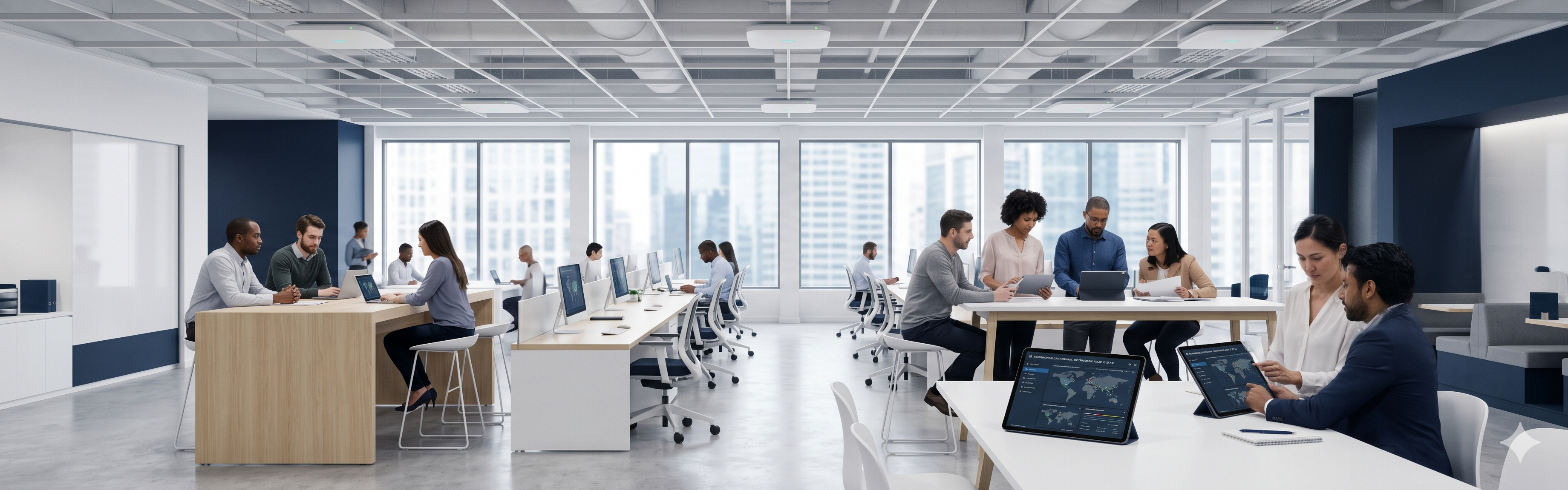 Modern corporate office utilizing robust enterprise network solutions, including Wi-Fi 6 and SD-WAN technologies.