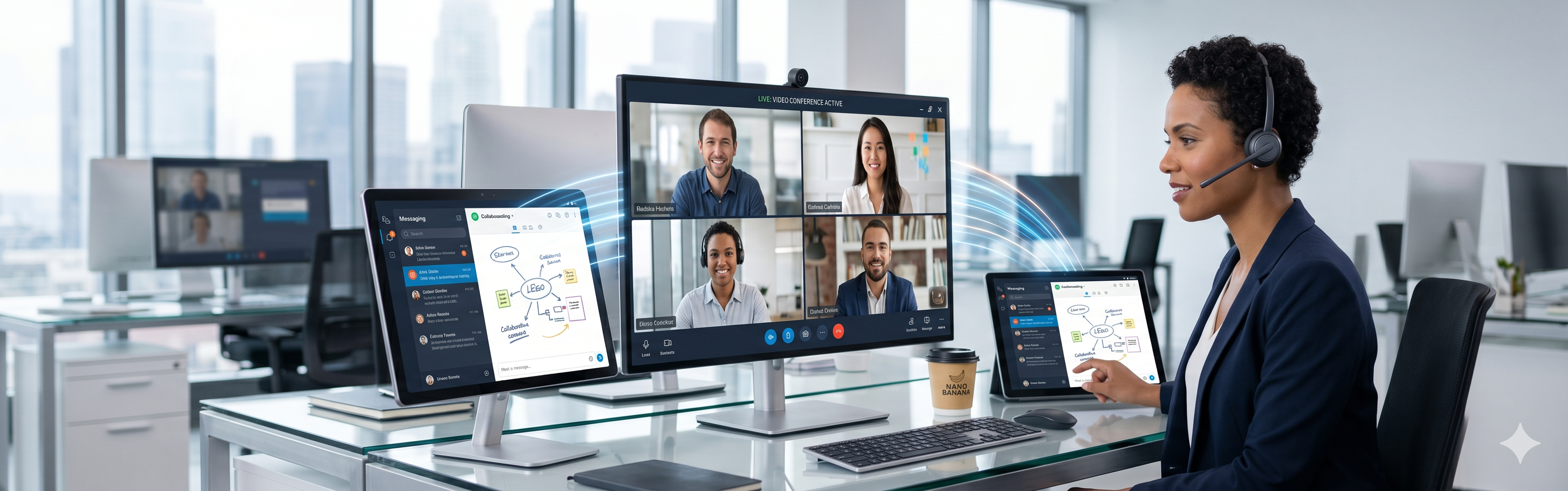 Modern digital workspace displaying unified communications, video conferencing, and integrated multimedia collaboration tools.